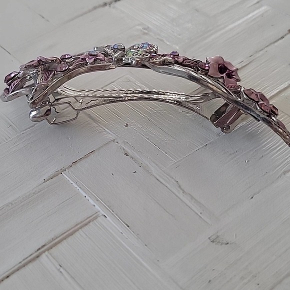Rhinestone and Metal Silvertone Hair Clip with Butterflies and Flowers Bride 4" - Picture 4 of 7